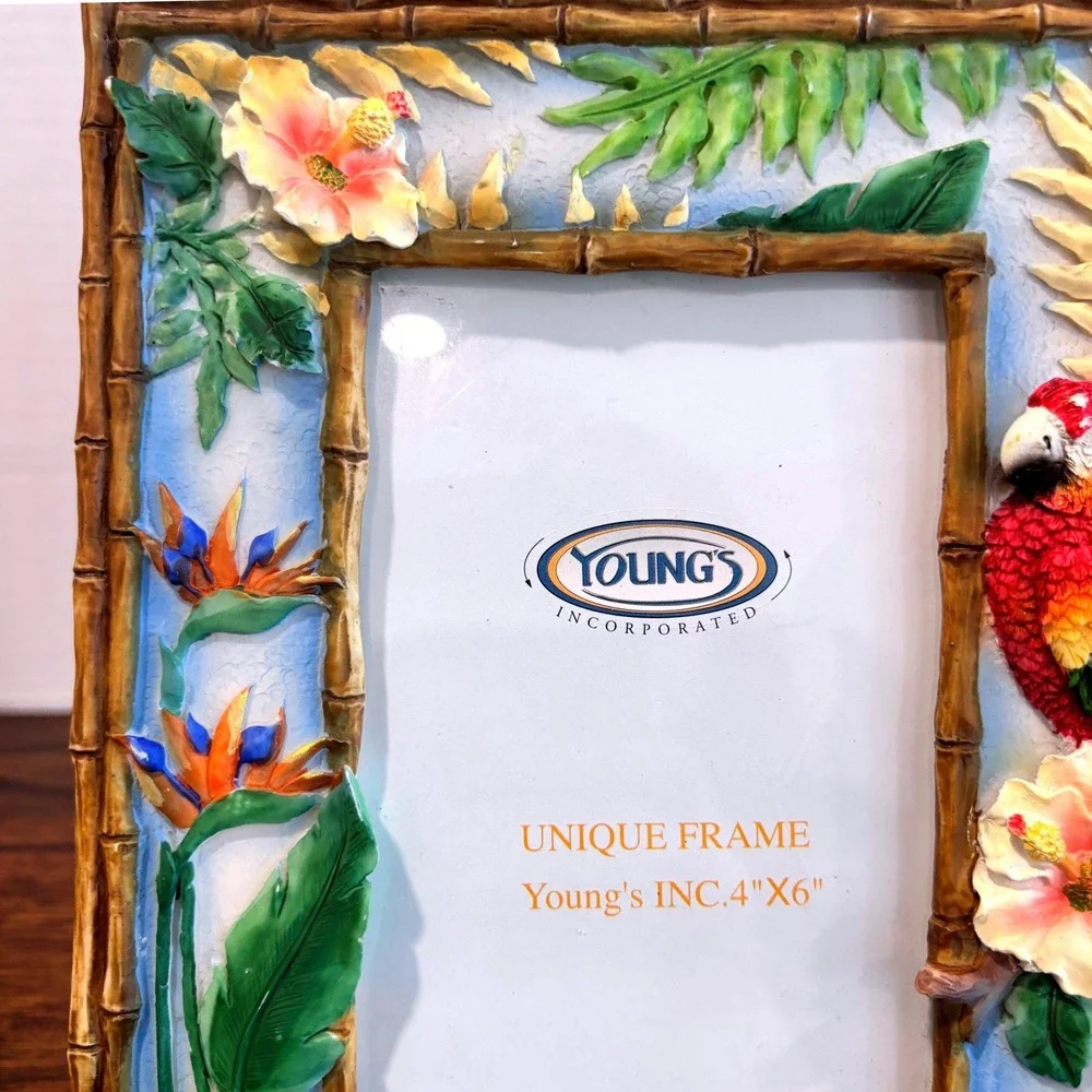 Tropical Parrot Photo Frame 4x6 Macaw Hibiscus Faux Bamboo Coastal Island Décor
